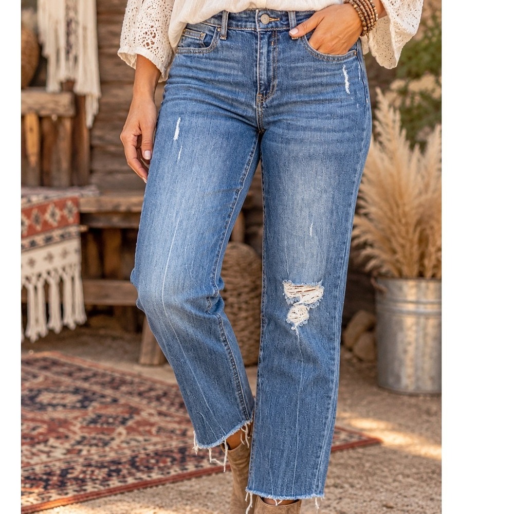 Old Navy Power Jean Perfect Straight Ankle Blue Distressed Raw Hem Jeans Size 6